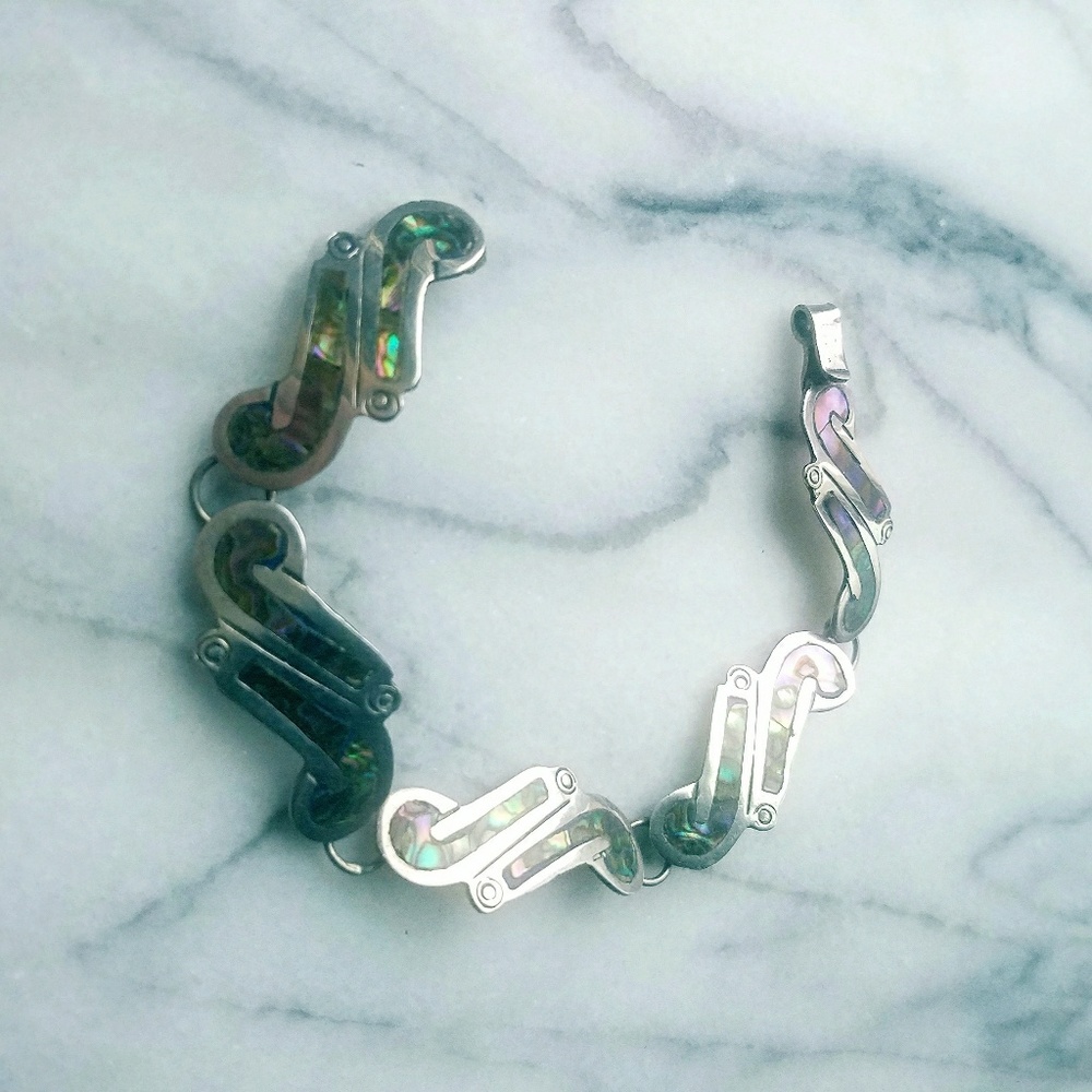 Vintage 925 Sterling Silver Abalone Link Bracelet